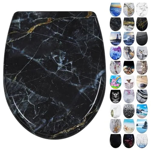 Fanmitrk Toilettendeckel, WC Sitz mit Absenkautomatik, Klodeckel mit Schnellverschluss, Duroplast Klobrille Montage von oben, Toilettensitz mit Motiv, O Form (Schwarz Marmor)