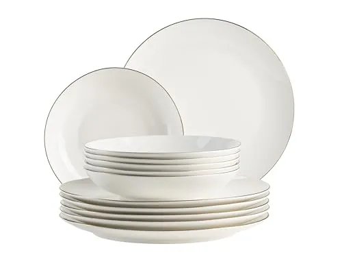 Mäser Felise Tafelservice - Essservices aus elegantem Porzellan mit filigranem Design und dezentem schwarzen Rand, mikrowellen- und spülmaschinengeeignet – ideal für stilvolle Anlässe und den täglichen Gebrauch.