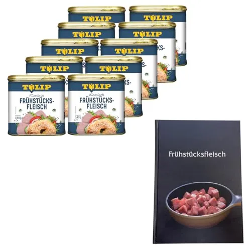 TULIP 10x Schweine-Frühstücksfleisch 340g + Kochbuch - Fleischkonserven mit 87% Schweinefleisch und einem gebundenen Kochbuch mit 57 leckeren Rezepten für vielfältige Frühstücksgerichte.