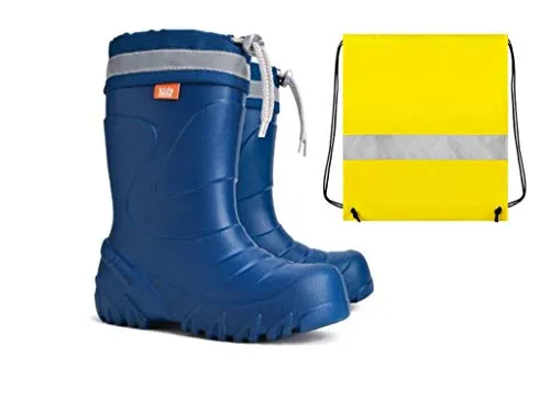 Demar Gummistiefel Ultra Leichte Kinder Regenstiefel Kinderstiefel blau gefüttert Eva Schaum mit Innensocken + Schuhbeutel Neongelb Jungen Mädchen (30/31)