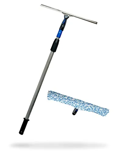 LEWI Fensterreinigungsset mit Teleskopstange (2x60 cm) – Profi Fensterwischer & Fensterabzieher je 45 cm Aluminium-Stange für hohe Fenster & Ecken - inkl. Konus & Gratisprobe GlasRein