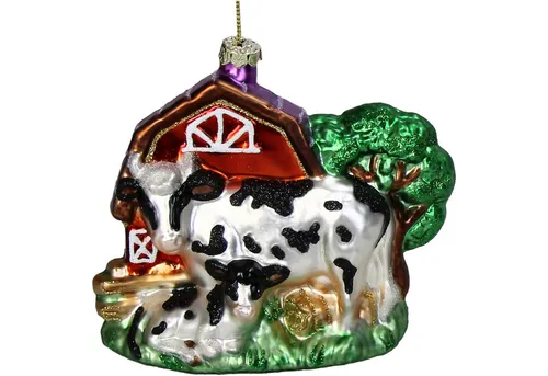 HD Collection Christbaumschmuck, Christbaumschmuck Glas 12,5cm Kuhstall mit Kuh & Kalb Figur Weiß