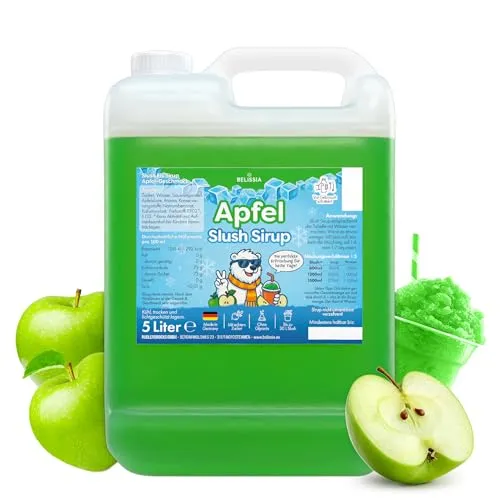 Belissia Slush Eis Sirup 5L Konzentrat | Apfel Geschmack | sehr ergiebig in knalligen Farben (1:5) für bis zu 30 Liter | Glycerin frei – für Slush-Eis