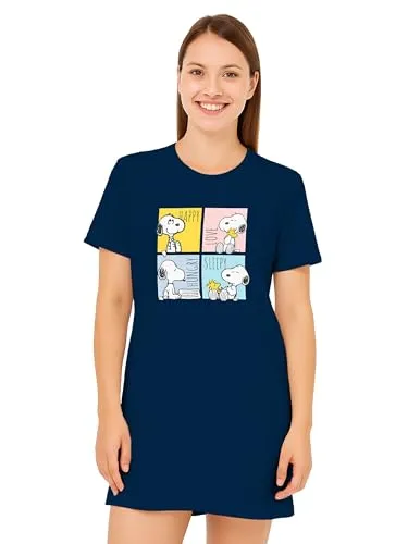 United Labels The Peanuts Snoopy Nachthemd für Damen - Schlafshirt Pyjama Kurzarm Oberteil Blau (Blau, L)