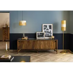Massivmoebel24 Sideboard LOS ANGELES #107 - Elegantes Sideboard aus braun geöltem Mangoholz und schwarzem Granit, das Retro-Flair mit modernen Akzenten verbindet. Die einzigartigen Türfronten und edlen Materialien schaffen ein luxuriöses Wohngefühl.