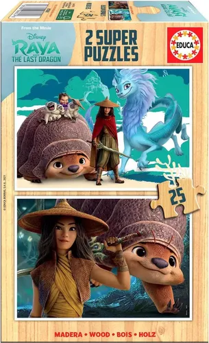 Educa 18878 - Raya und der letzte Drache, 2x25 Teile Holzpuzzle für Kinder ab 4 Jahren, fördert Konzentration und Kreativität