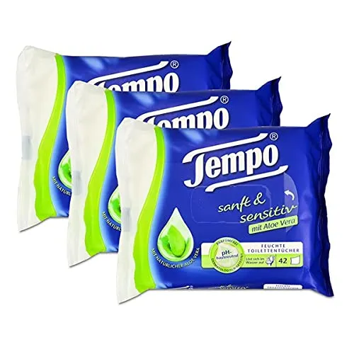 Tempo Feuchte Toilettentücher sanft & sensitiv mit Aloe Vera, 42 Stück - Sanfte und sensitive Toilettentücher mit Aloe Vera, ideal für eine sanfte Reinigung und Pflege, perfekt für die tägliche Hygiene.