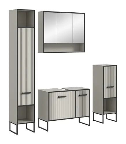 xonox.home Badezimmer Bagno 4tlg. Kombination - Komplettprogramm für kleine Bäder: 4tlg. Badmöbel-Set in Kaschmir beige mit optimiertem Stauraum und pflegeleichtem Design – ideal für moderne Badezimmer.