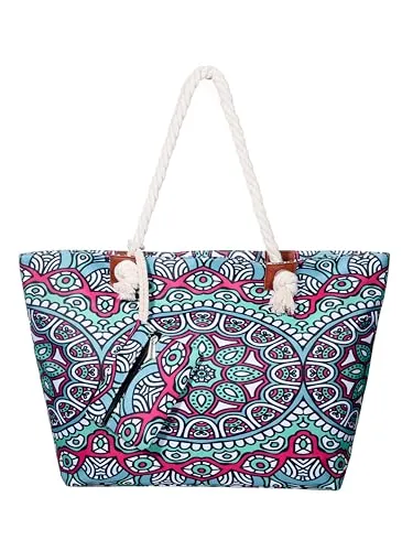 DonDon Strandtasche XXL mit Reißverschluss - Praktische Badetasche für Strand und Meer - Damen-Shopper mit hochwertiger Verarbeitung aus 100% Baumwolle und Polyester. Ideal für Familie und Urlaub, bietet viel Stauraum und kommt mit zusätzlicher kleiner Tasche.