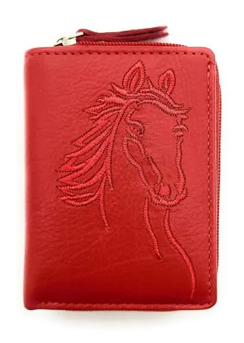 Mini-Geldbörse aus Echtleder mit RFID-Schutz & Pferde-Stickerei – kompakte Damen & Herren Geldbörse – kleines Portemonnaie mit Sichtfach & Münzfach – ideal für unterwegs (rot)