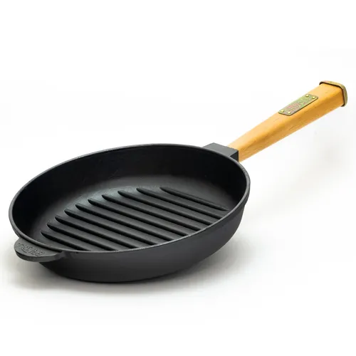 Gusseisen Grillpfanne Ø24cm mit Holzgriff - Ideal für Induktion - Pfannen-Kategorie: Gusseisen Grillpfanne. Die besondere Hitzeverteilung sorgt für perfekte Bratergebnisse und knusprige Speisen – ideal für alle Herdarten, inklusive Induktion.