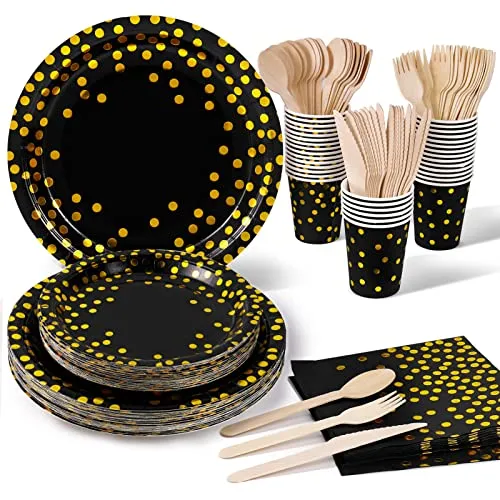 Nkaiso Partygeschirr, 140 Stück Schwarzesgoldfolie-Punkte-Partybedarf-Partygeschirr, Geschirr Set-Party Pappbecher-Teller-Servietten-Besteck für Geburtstag, Hochzeit, Jubiläumsdekoration (20 Gäste)