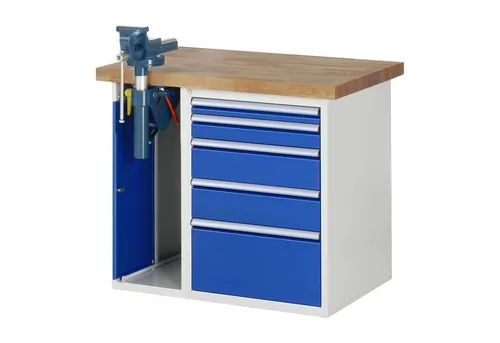 Rau Werkbank Modell 7511 – 5 Schubladen und Schrank - Robuste Werkbank in Blau mit 5 praktischen Schubladen und Stauraum. Ideal für Werkstätten und Hobbyprojekte, bietet sie effiziente Organisation und Platz für Werkzeuge.