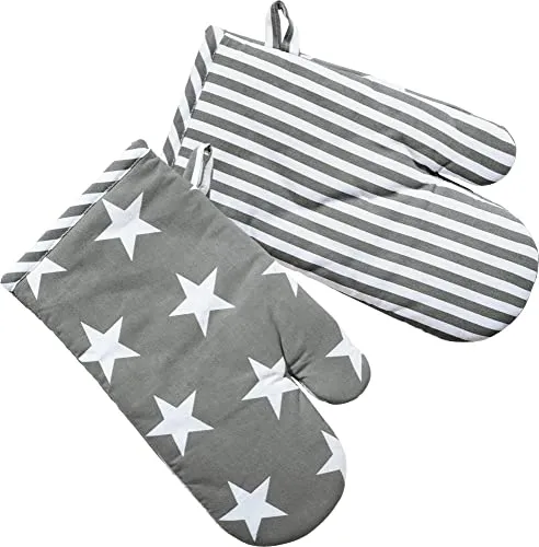 REDBEST Ofenhandschuh in Wendeoptik grau Größe 15x30 cm - Sterne und Streifen, hitzebeständige Wattierung, feines, glattes Gewebe (weitere Farben)