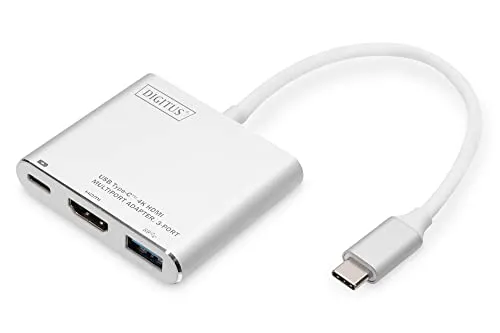 DIGITUS USB Typ-C Multiport Grafik Adapter, USB Type-C zu HDMI + USB A 3.0 + USB C, Ladefunktion, 4K Ultra HD 30Hz, Aluminium, 51x58x11mm