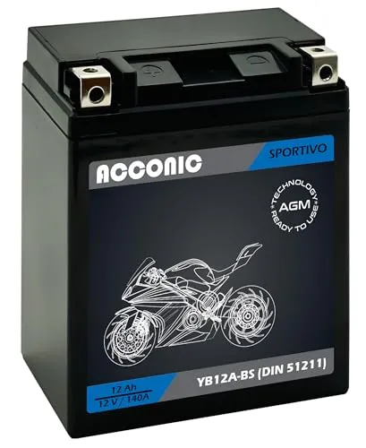 ACCONIC Sportivo AGM YB12A-BS YB12A-A YB12A-B CB12A-A Motorradbatterie 12 Ah 12V 140A DIN 51211 Maße: 134 x 78 x 156 mm ideal für Roller, Moped, Quad & Motorrad – wartungsfrei, & auslaufsicher