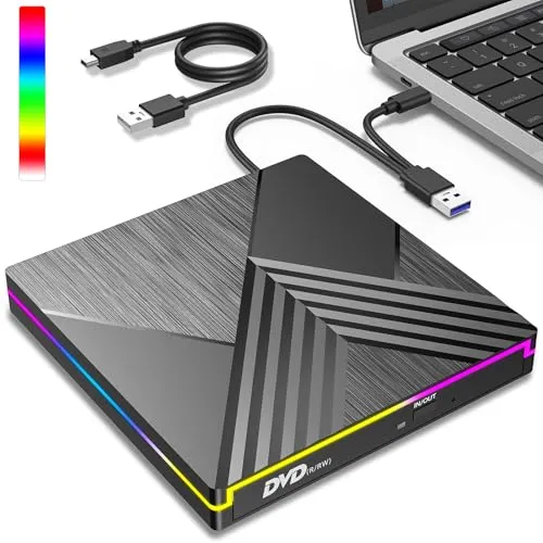 Externes DVD Laufwerk, RGB CD Laufwerk Extern USB 3.0 Type-C, Externer CD DVD+/-RW Brenner Player, Externe Optische Laufwerke Drive für PC Laptop Desktop MacBook Mac OS Win11/10/8/7/XP Linux Vista