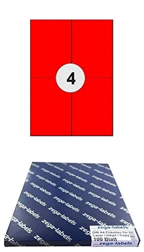 Etiketten 105 x 148 mm ROT selbstklebend auf DIN A4 Bögen (2x2 Etiketten) - 100 Blatt Pack - Universell für Laser/Inkjet/Kopierer/Farblaser einsetzbar - 105x148mm 4-teilig 400