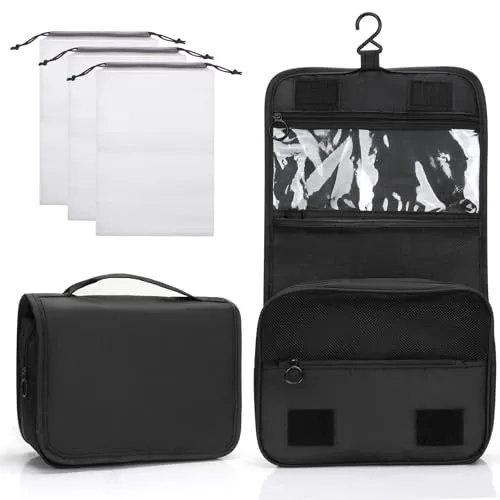 Zivacate Kulturtasche zum Aufhängen, wasserdichte Kosmetiktasche, Kulturbeutel mit Griff, Faltbare Tragbare Waschtasche mit 3 Kordelzug Organizer Tasche für Reisen, Geschäft, Fitness, Camping –Schwarz