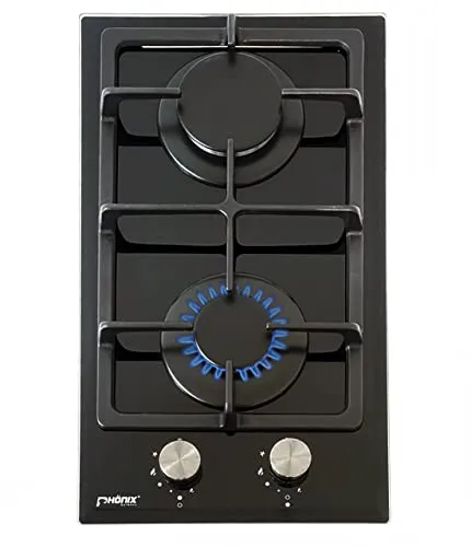 Phönix Domino-DG Gaskochfeld 2-flammig - Kochfelder: Vielseitiges Einbaukochfeld aus Glas, ideal für Camping und Zuhause, inklusive Montagematerial für Propan und Erdgas.