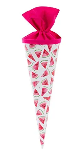 goldbuch 93 426 Geschwistertüte Melone, Schultüte mit Melonenmuster, Lackkarton, Geschenkverpackung mit pinkem Filzverschluss (ohne Verschlussband), Zuckertüte rund, Länge 35 cm, Ø 11,5 cm, Weiß