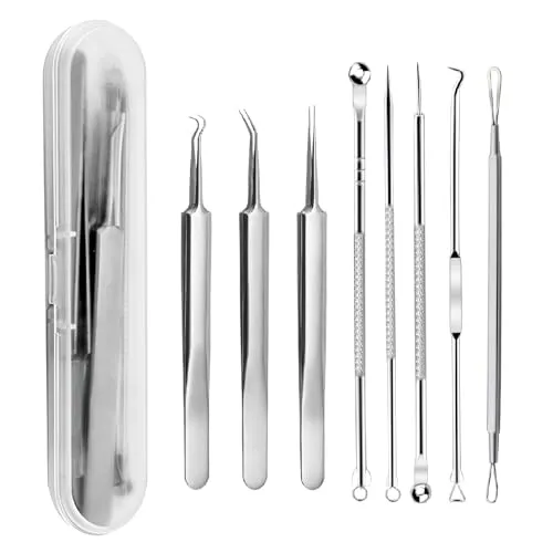 Stück Mitesserentferner Komedonenquetscher, Pickel Werkzeug Set, Edelstahl Mitesserentferner, Akne Whiteheads Blackhead Remover mit Box, für Alle Hauttypen Nasen Gesichtspflege (Edelstahl) 8