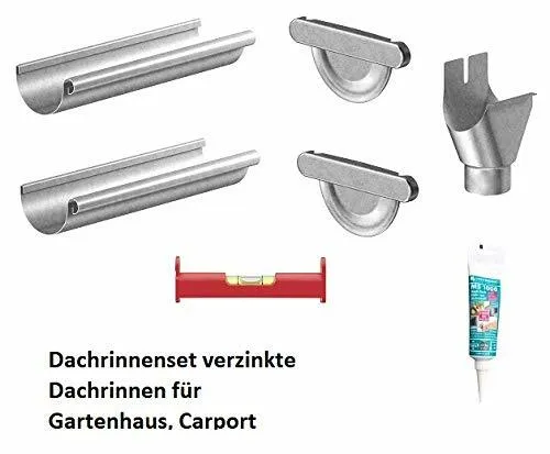 Dachrinnen Set NW 80 verzinkt - Dachrinnenset für Gartenhäuser und Carports, inklusive 2x2m Dachrinnen, Endstücke und Ablaufstutzen. Ideal für einfache Montage mit Kleber oder Verbindern.