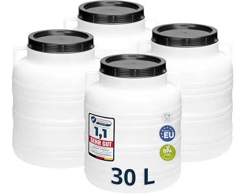 Garronda Set 4x 30 Liter Weithalsfass - BPA-frei und vielseitig einsetzbar - Set aus 4 BPA-freien Fässern (30L) aus leichtem HDPE, ideal für Lebensmittel, Regenwasser oder als Futtertonne. Mit weitem Hals für einfaches Befüllen und Reinigen, perfekt für Garten und Werkstatt.