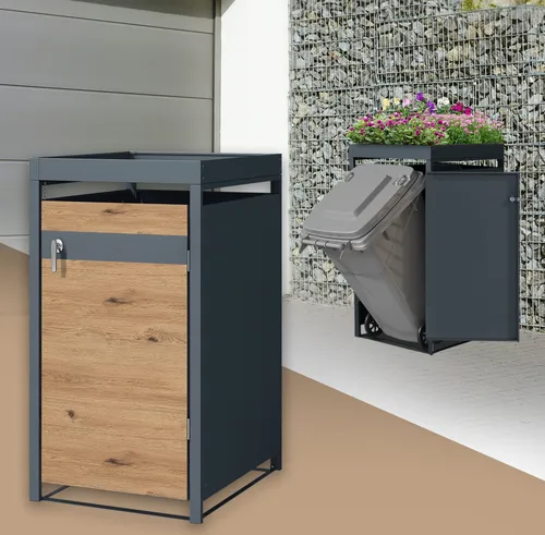 ML-DESIGN Mülltonnenbox aus Stahl – Wetterfest und Modern - Mülltonnenbox aus pulverbeschichtetem Stahl für 1 Tonne (bis 240 l), mit integriertem Pflanzdach für mehr Grün und gute Luftzirkulation. Ideal für Sauberkeit und Ordnung im Garten.