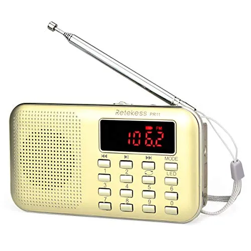 Retekess PR11 Tragbarers Radio, AM FM Kleines Radio mit Lautsprecher, MP3-Player, Notfall Taschenlampe, LCD Bildschirm(Gold)