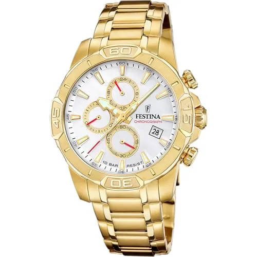 Festina F20705/1 Herrenuhr Edelstahl Gold - Elegante Herrenuhr aus Edelstahl mit goldenen Akzenten, 10 Bar wasserdicht und Chronograph-Funktion – perfekt für stilbewusste Männer.