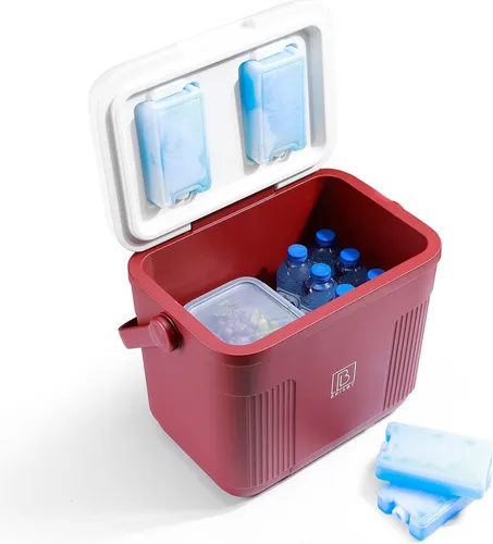 Brisby Kühlbox – Frigobox – 22 l – Rot – Bis zu 40 Stunden Isolierung – Inkl. 4 dicker 450-ml-Kühlelemente – Temperatursicherer Verschluss – Neues Design mit im Deckel integrierten Kühlelementen