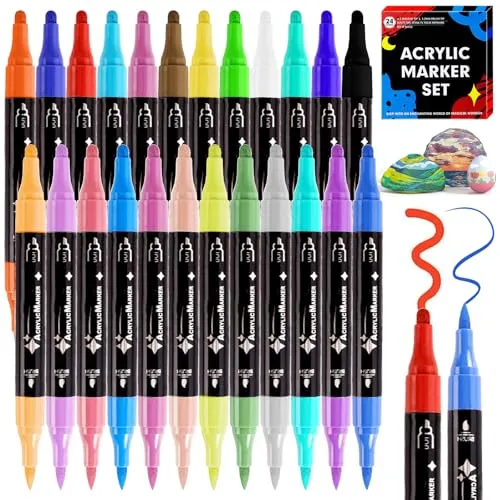 UZSUZZ 24 Farben Acrylstifte Set, Stifte Steine Bemalen Wasserfest, Wasserfeste Doppelkapsel Marker mit feiner Spitze und Pinselspitze für Stein, Holz, Glas, Leinwand, Keramik, DIY Bastelprojekte