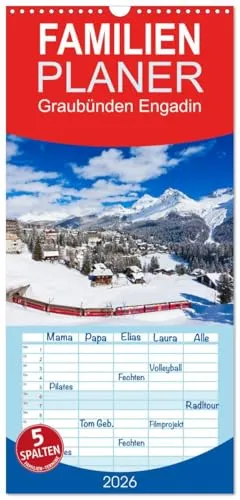 Familienplaner 2026 - Graubünden Engadin mit 5 Spalten (Wandkalender, 21 cm x 45 cm), CALVENDO: Graubünden mit dem Engadin in 13 faszinierenden Aufnahmen (CALVENDO Orte)