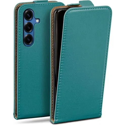 moex Flip Case für Samsung Galaxy S25 Hülle klappbar mit 360 Grad Schutz, Handyhülle mit Displayschutz, PU Leder Handytasche Lederhülle, Flip Case Cover Klapphülle, Petrol