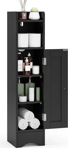 COSTWAY Toilettenschrank, schmaler Badschrank mit 2 Ablagen, Schwarz