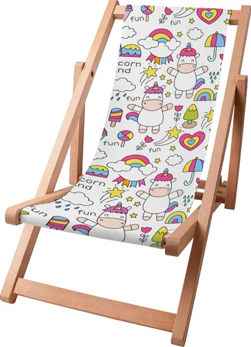 Dreamroots Kinder Liegestuhl klappbar Holz, bis zu 130 kg, Sonnenliege klappbar mit 3-stufiger Neigungsregulierung der Rückenlehne, Unicorn Land