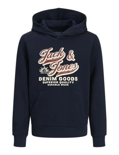 Jack & Jones Junior Kapuzensweatshirt Jungen Baumwolle blau bedruckt 152 - Kinder-Sweater mit weichem, angerauten Innenfutter für höchsten Tragekomfort und Wärme. Ideal für Freizeit und Schule, mit stylischem Logo-Gummidruck für einen modernen Look.