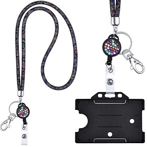 Kristall Lanyard Schwarz/BUNT mit Ausweis Jojo + ID Kartenhalter schwarz Halskette Schlüsselband mit glitzernden Strasssteinchen Umhängeband