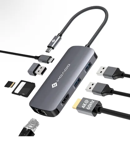 NOVOO USB C Hub 4K@60Hz HDMI Multiport Adapter - 8-in-1 USB-C Docking Station für MacBook Pro und Air mit 4K HDMI, 100W PD, 1 Gbps Ethernet und 3 USB-A 3.0 Ports – ideal für schnelles Laden und Datenübertragung.
