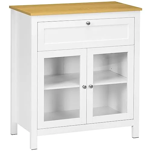 HOMCOM Modernes Küchen Sideboard Buffet Anrichte mit Schublade Verstellbares Regal und 2 Glastüren Glasschrank für Wohnzimmer Esszimmer 80x40x90 cm Weiß