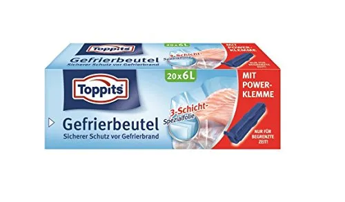 Toppits Gefrier Beutel 6L, 45 Stk., Metallfrei, mit flachem Boden, Polyethylen, Kopffalt, Weiß, Begrenzt wiederverwendbar, Luftdicht, Aufbewahrung und Einfrieren von Lebensmitteln, B 27 x H 50 cm