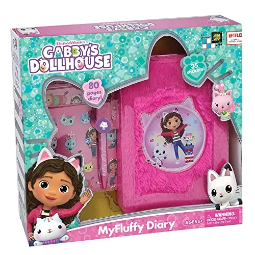 Cefa Toys - Aktivitätstagebuch, Puppenhaus von Gabby, Plüschtagebuch rosa mit 80 Seiten, inklusive 3 Stickern und Stift, kein Vorhängeschloss, geeignet für Kinder ab 6 Jahren