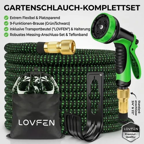 Flex-Gartenschlauch 15m dehnbar Gewebe-Wasserschlauch Set inkl. Brause, sw