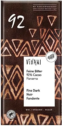 Vivani Feine Bitter 92% Cacao bio - Bio-Schokolade mit 92% Kakaoanteil, mild durch Panama Kakao und verfeinert mit Kokosblütenzucker für eine karamellige Note und einen niedrigeren glykämischen Index.