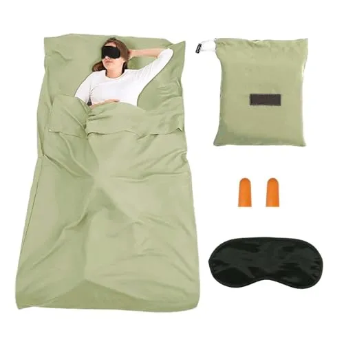 ZHYUAN 210 x 75 cm Hüttenschlafsack,Ultra-Leichter Reise-Schlafsack,Ultraleicht Schlafsack Inlett,Mit Augenmaske und Ohrstöpseln,Dünner Komfort Reiseschlafsack,für Rucksackreise,Hotels ud Hütte(grün)