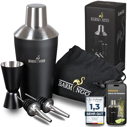 BARMINGO Cocktail Shaker Set - 500ml Edelstahl Cocktailshaker mit Bar Zubehör - Cocktailshaker Set mit 5-teiligem Zubehör, 100% funktionaler Shaker ohne Leckagen, designed in Germany für höchste Qualitätsstandards.