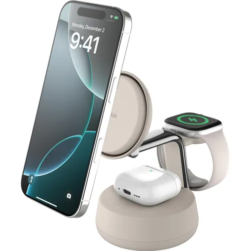 Belkin UltraCharge Qi2 Induktive Ladestation - Kabelloses 3-in-1 Ladegerät für iPhone, Apple Watch und AirPods mit 25W Schnellladung und aktiver Kühltechnik für optimale Leistung.