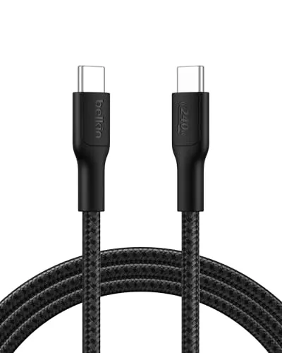 Belkin Eco Geflochtenes USB-C auf USB-C Kabel, 2 m, 240 W, biegsames, flexibles Schnellladekabel, Ladekabel USB C für iPhone 16, Galaxy S25, Pixel 9, MacBook, iPad Pro und mehr – Schwarz, USB 2.0