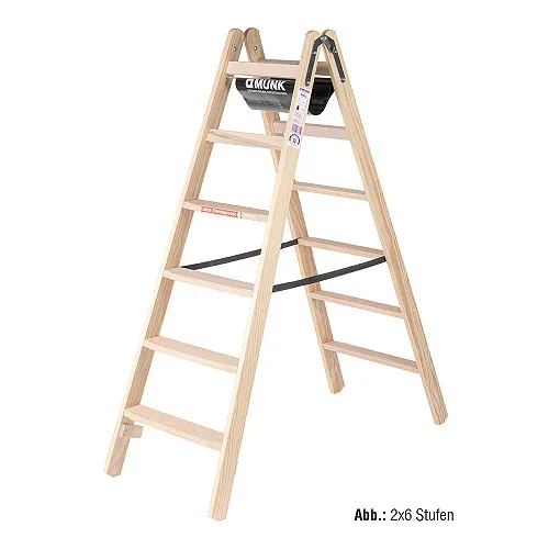 MUNK Stehleiter 33816 aus Holz mit 2 x 8 Stufen - Leiter für Handwerk, bis 150 kg belastbar und maximale Arbeitshöhe von 3,41 m. Beidseitig begehbar mit geriffelten Stufen und praktischer Werkzeugtasche.